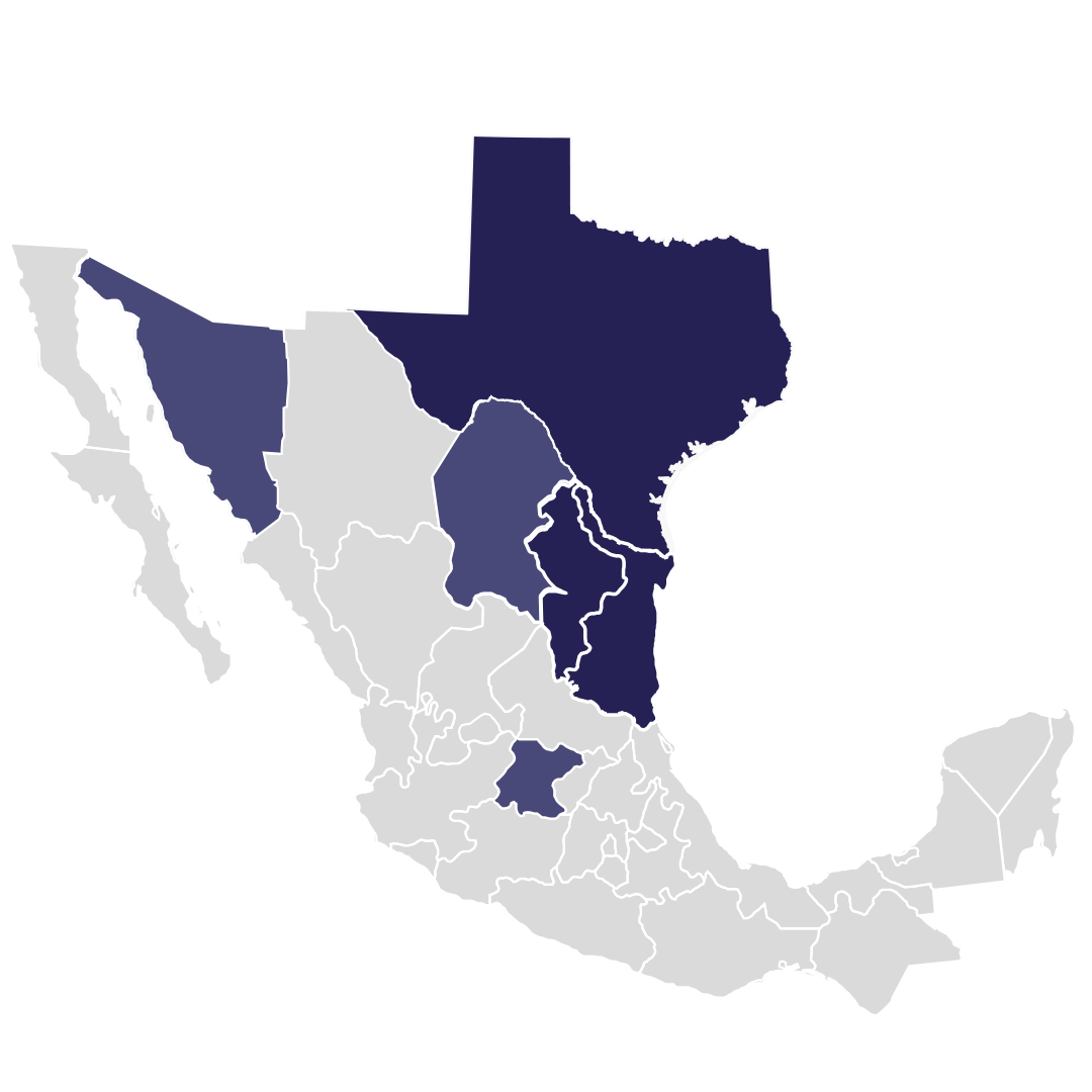 Mapa de México y Texas mostrando las ubicaciones estratégicas de Onilog Group en Tamaulipas, Nuevo León y Texas, así como proyectos en Sonora, Guanajuato y Coahuila