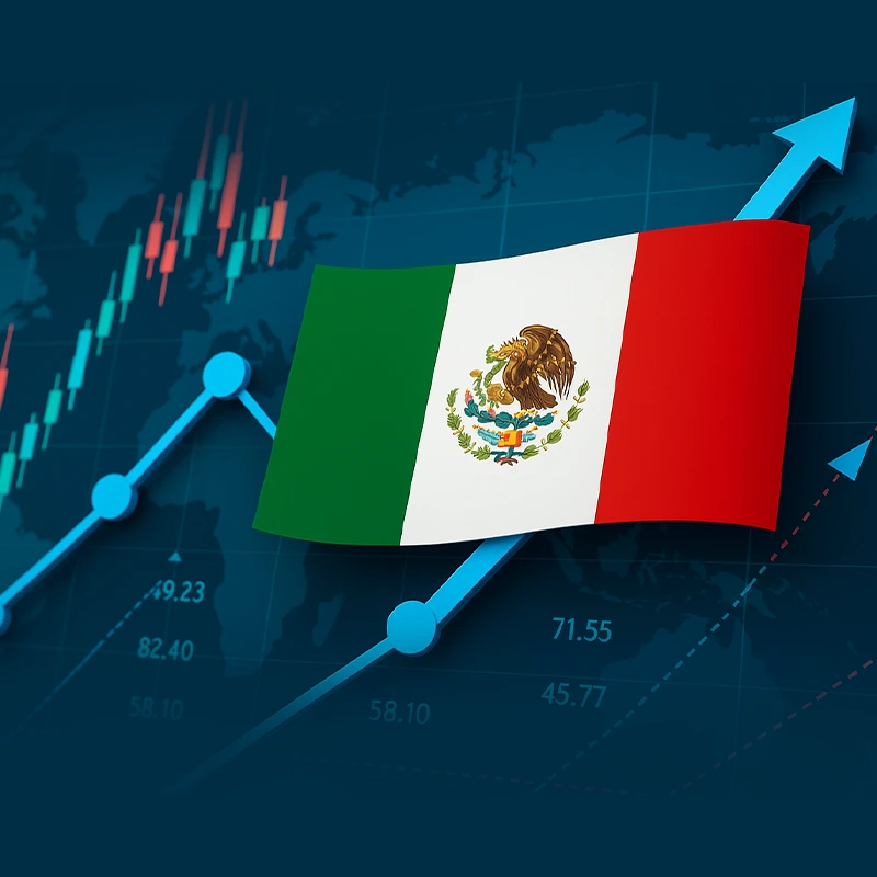 Bandera de México sobre gráficos financieros representando inversión extranjera directa al invertir en México.
