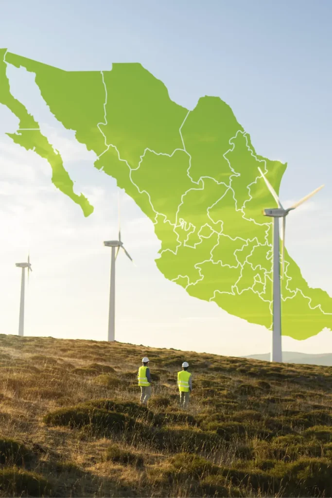 Mapa de México con aerogeneradores representando la energía limpia y renovable como ventaja para invertir en México.